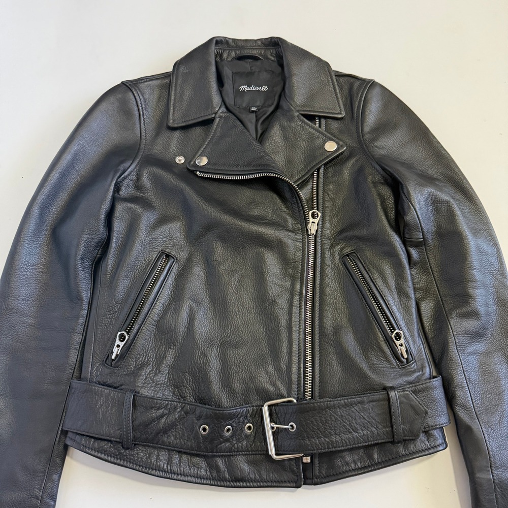 Madewell Washed Leather Motorcycle Jacket Black B0648 XS Womens Biker Belted - Picture 2 of 12